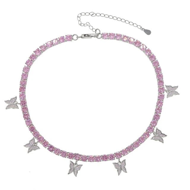 Pink Diamonds Silver Butterfly Choker Necklace