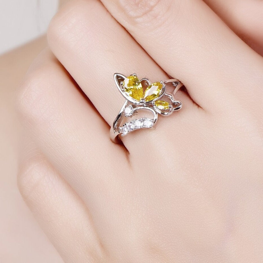 Emmy Yellow Diamonds Silver Butterfly Ring