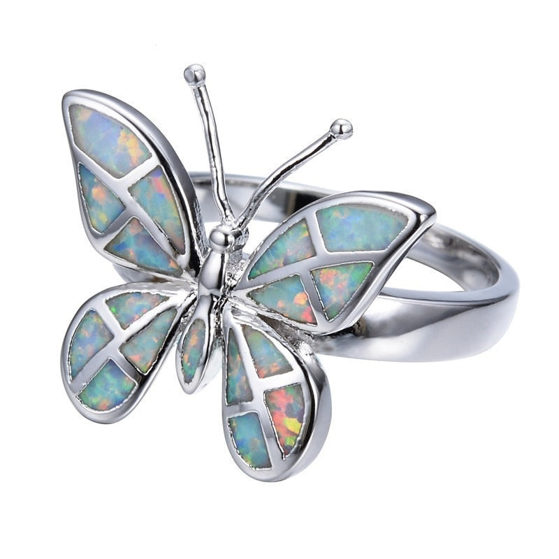 White Blue Glass Wings Silver Butterfly Ring