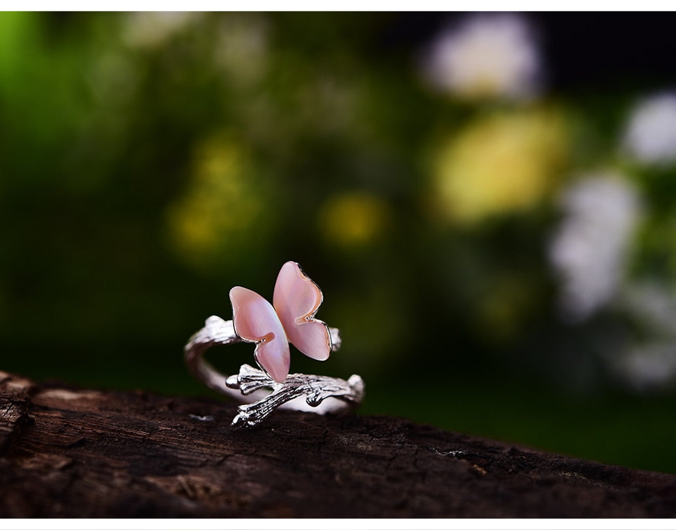 Lotus Pink Silver Butterfly Ring