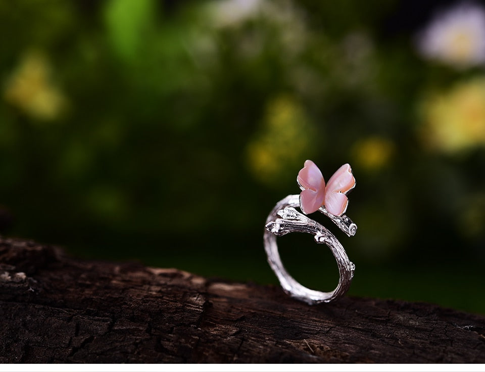 Lotus Pink Silver Butterfly Ring