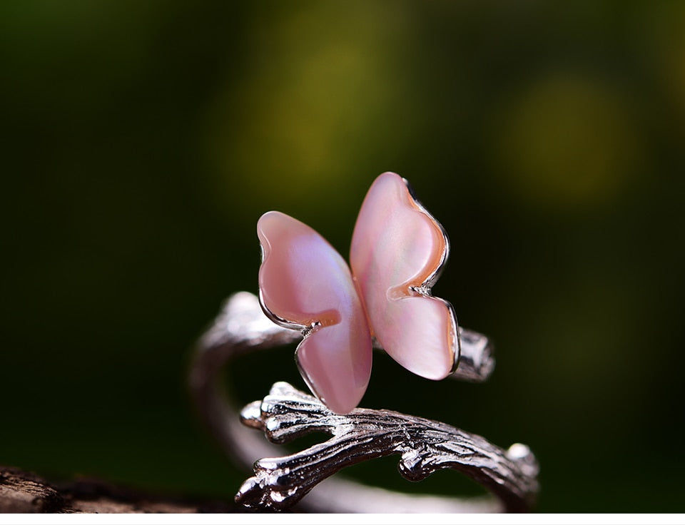 Lotus Pink Silver Butterfly Ring