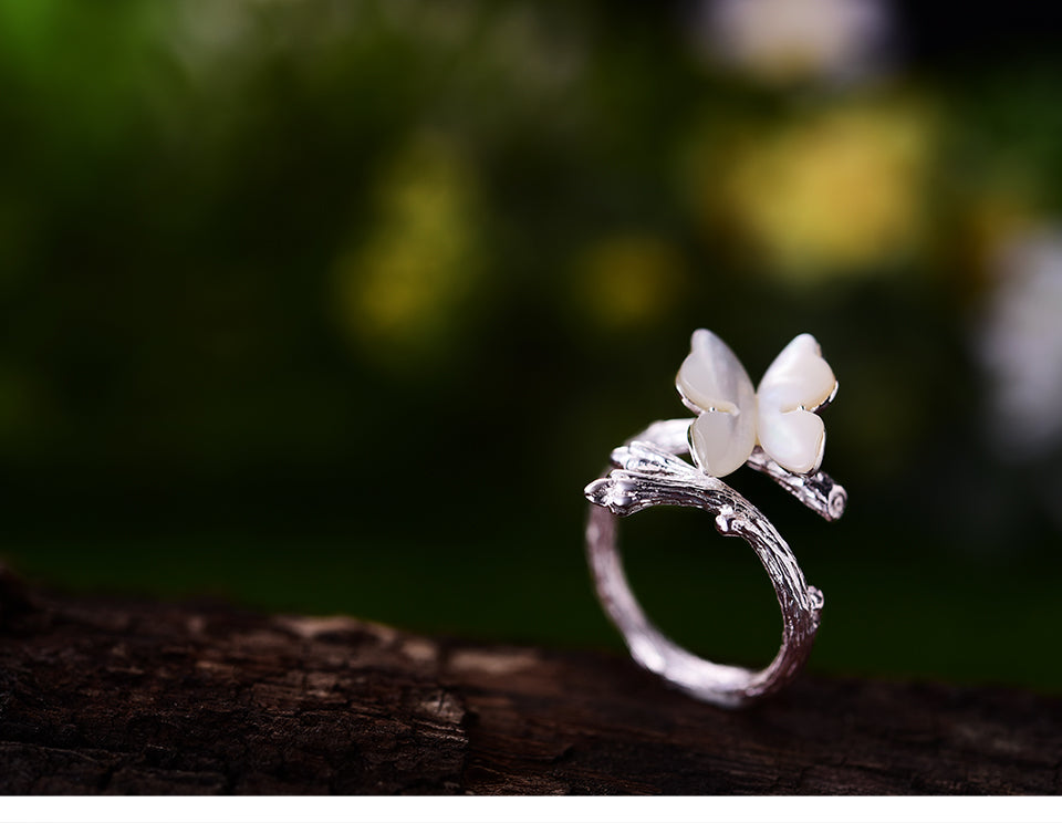 Lotus White Silver Butterfly Ring