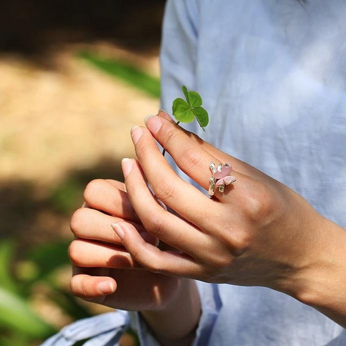 Lotus Pink Silver Butterfly Ring