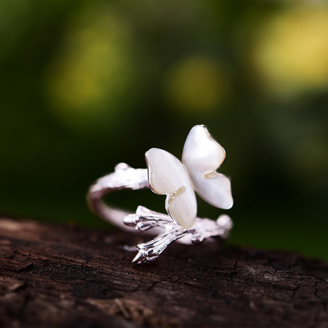 Lotus White Silver Butterfly Ring
