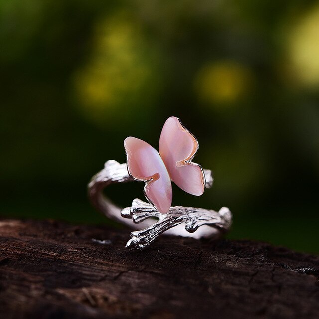 Lotus Pink Silver Butterfly Ring