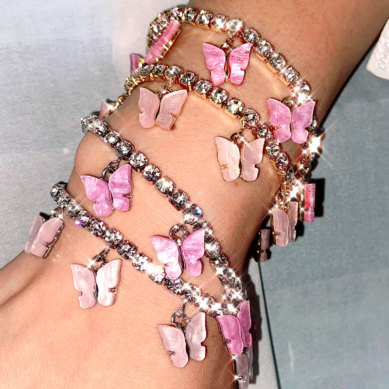 Alicia Dark Pink Silver Butterfly Bracelets