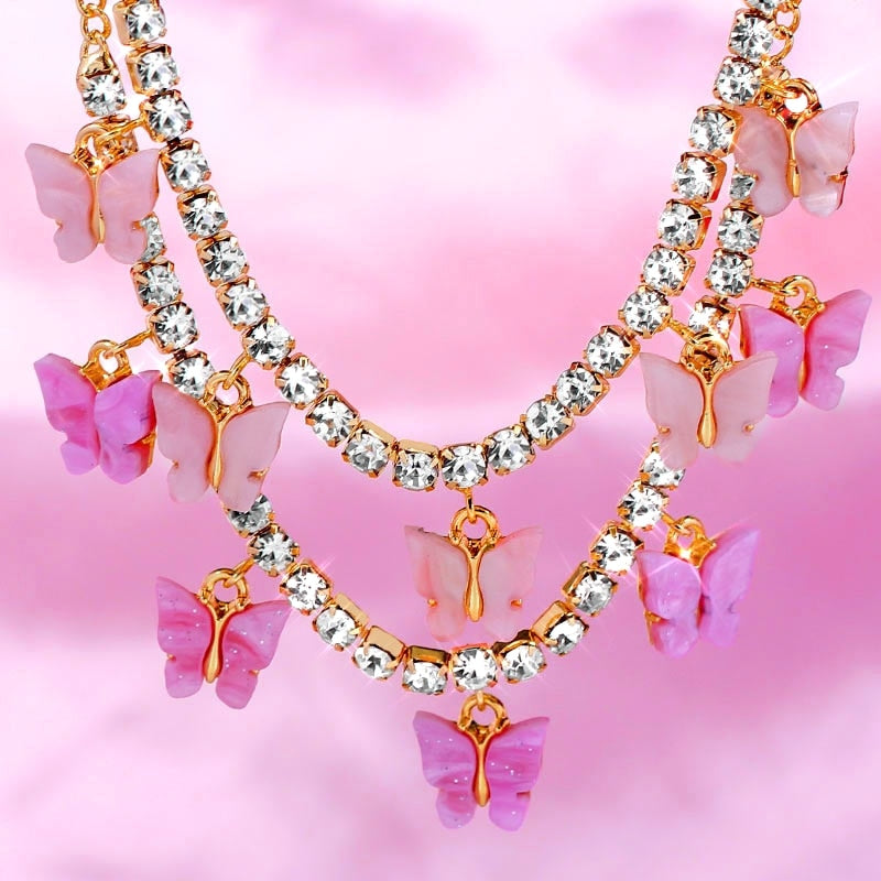 Alicia Dark Pink Silver Butterfly Bracelets
