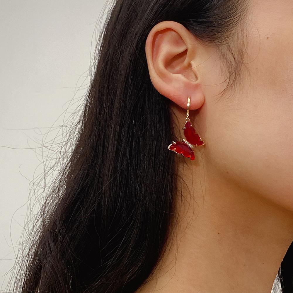 Tracy Red Hanging Gold Butterfly Earrings