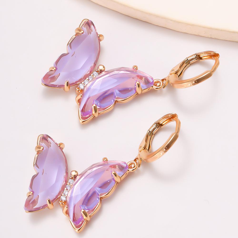 Tracy Purple Hanging Gold Butterfly Earrings
