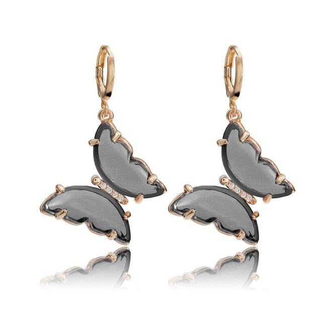 Tracy Black Hanging Gold Butterfly Earrings