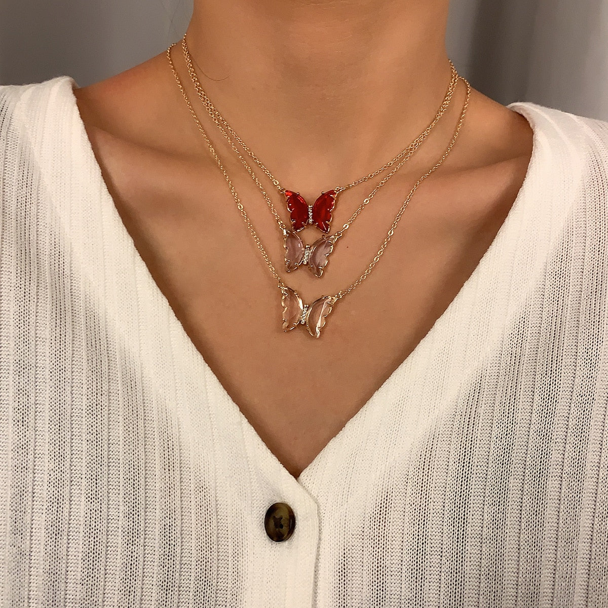 Tracy Pink Hanging Gold Butterfly Necklace