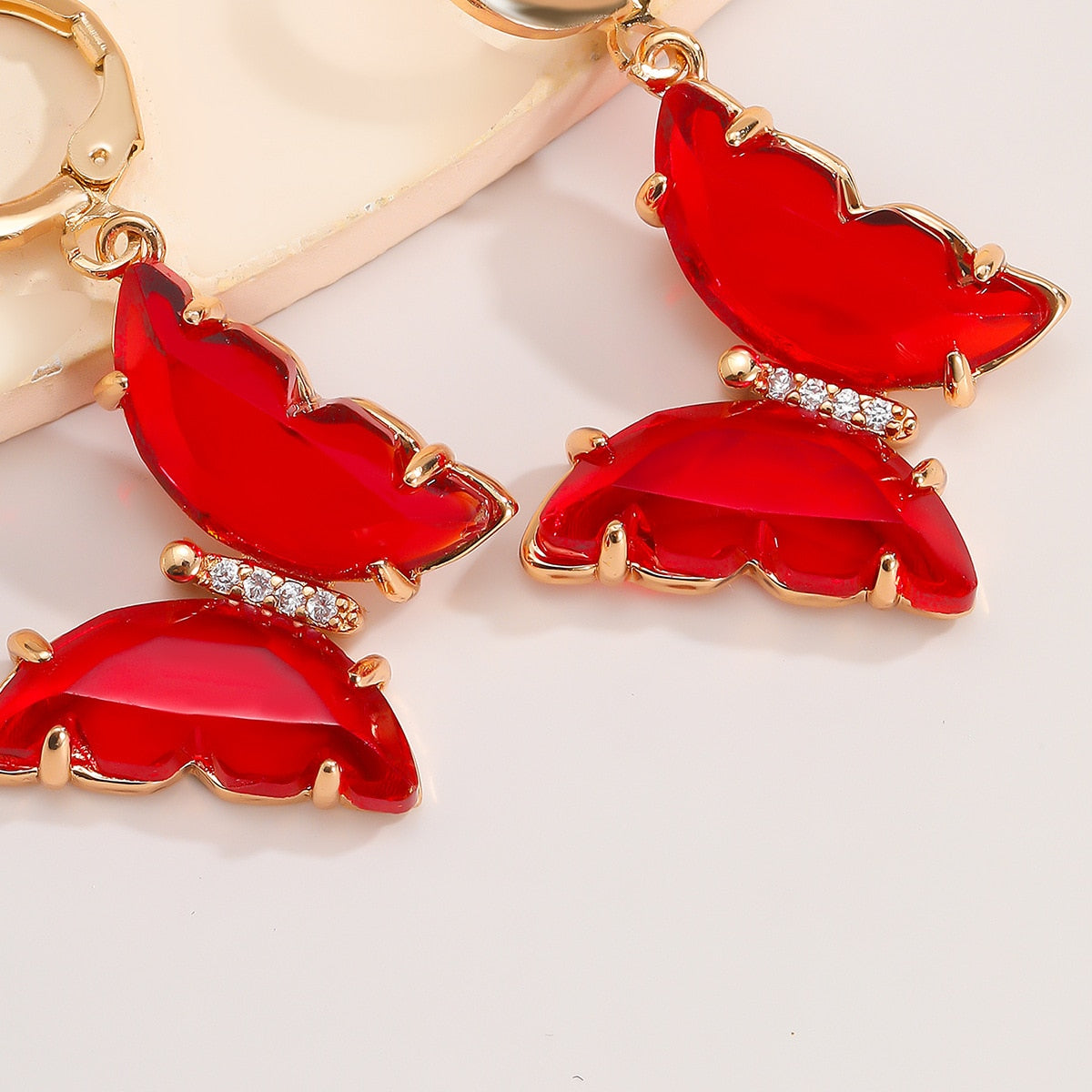 Tracy Red Hanging Gold Butterfly Earrings