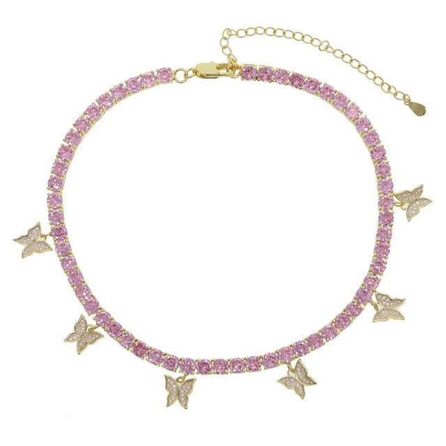 Pink Diamonds Gold Butterfly Choker Necklace