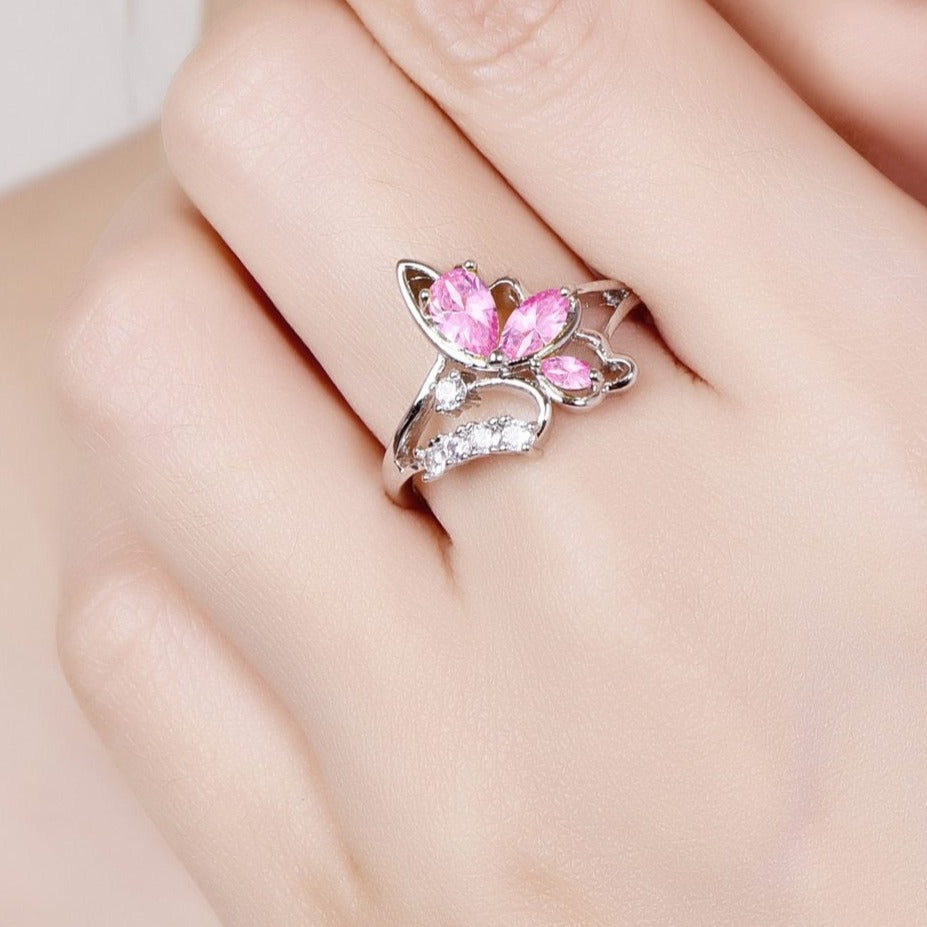 Emmy Pink Diamonds Silver Butterfly Ring