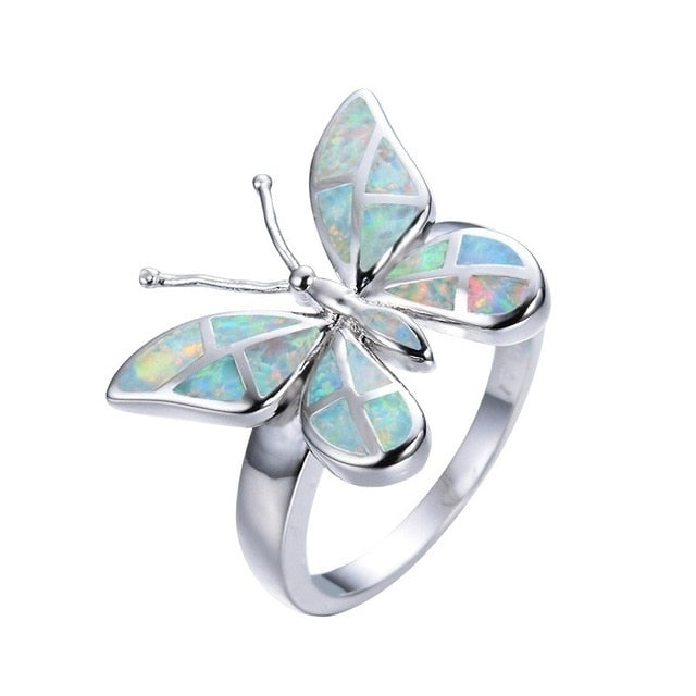 White Blue Glass Wings Silver Butterfly Ring