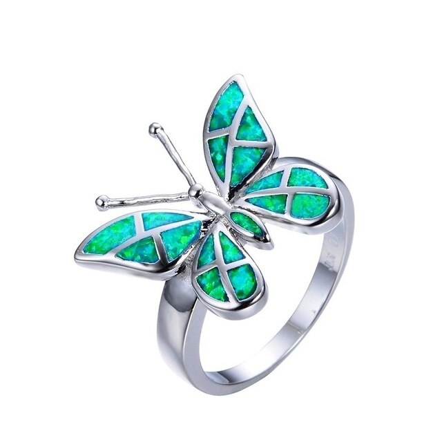 Green Glass Wings SIiver Butterfly Ring