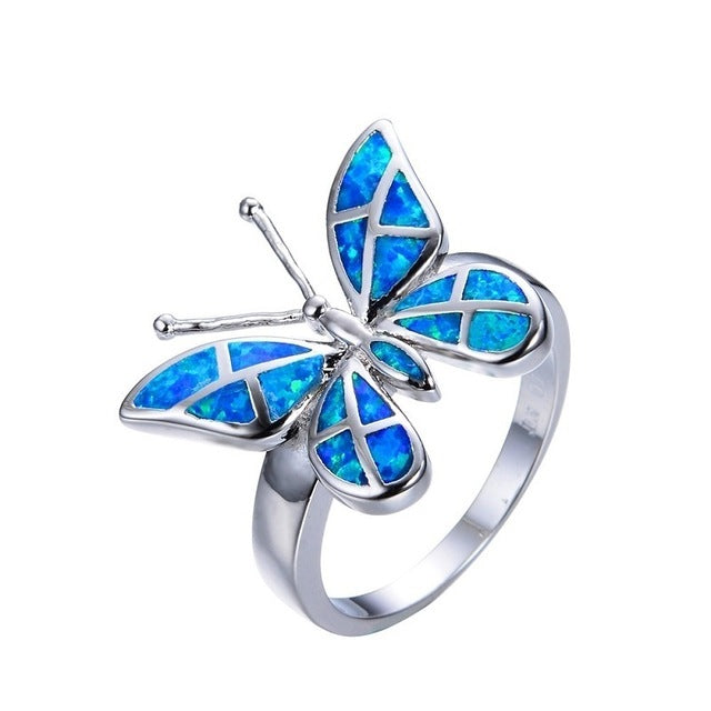 Blue Glass Wings SIlver Butterfly Ring