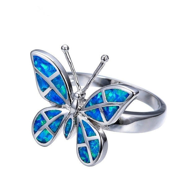 Blue Glass Wings SIlver Butterfly Ring