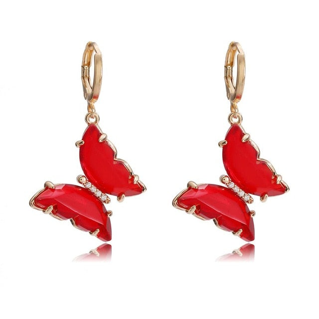 Tracy Red Hanging Gold Butterfly Earrings