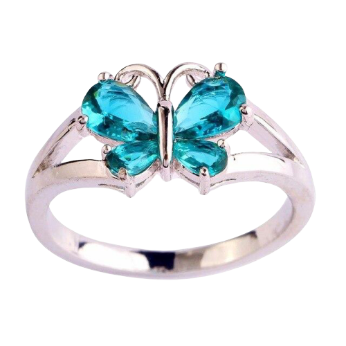 Amber Ocean Blue Silver Butterfly Ring
