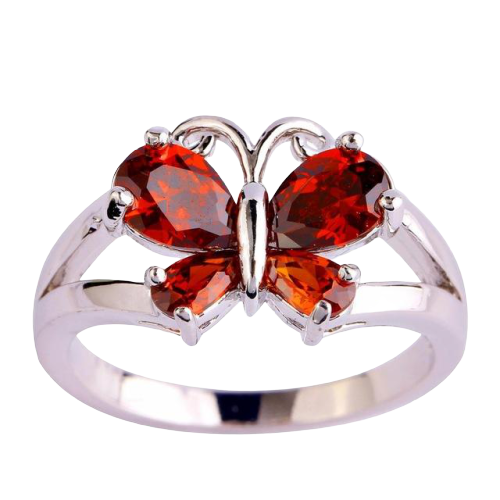 Amber Red Silver Butterfly Ring