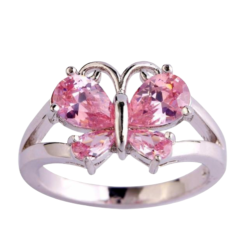 Amber Pink Silver Butterfly Ring