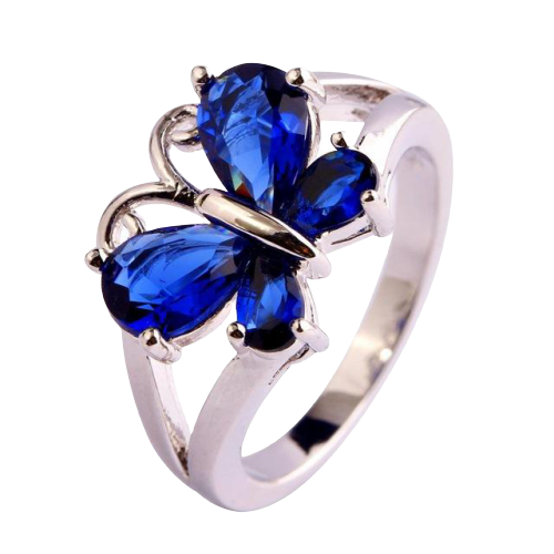 Amber Blue Silver Butterfly Ring